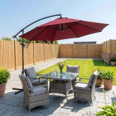 Outsunny 10' Deluxe Patio Umbrella, Outdoor Market Parasol, Banana Hanging Offset Sunshade with Crank, Cross Base, Wine Red