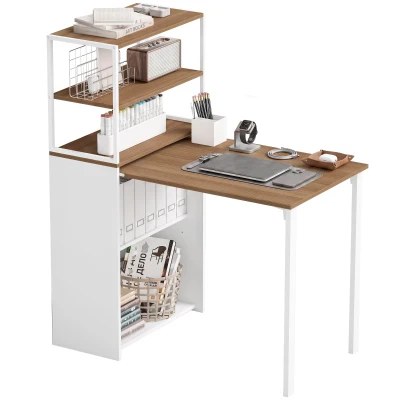 HOMCOM Folding Computer Desk with 4-Tier Bookshelf Space-Saving Home Office Desk, Natural