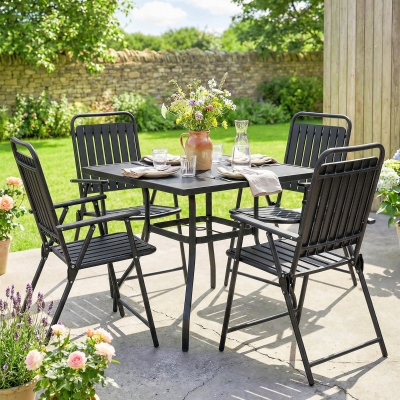 Outsunny Folding Garden Chairs, Garden Dining Chairs with Plastic Slatted Seat Back, Armrests, Steel Frame, Set of 4, Black