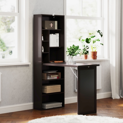 HOMCOM Fold-out Convertible Office Desk, Wall Mount Computer Desk with Blackboard and Side Shelf, Brown