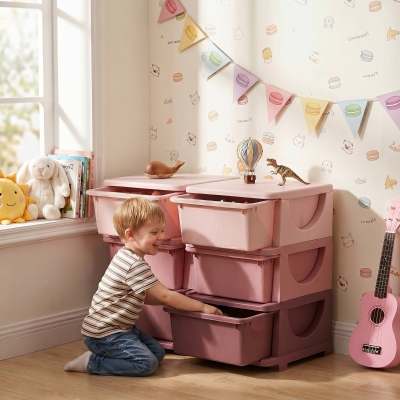 Qaba 3 Tier Kids Toy Organizer and Storage Bins with 6 Plastic Drawers, Pink