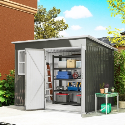 Outsunny 8.5' x 6' Galvanised Steel Outdoor Storage Shed, Garden Shed with Window, Lockable Wide Doors and Air Vents, Grey