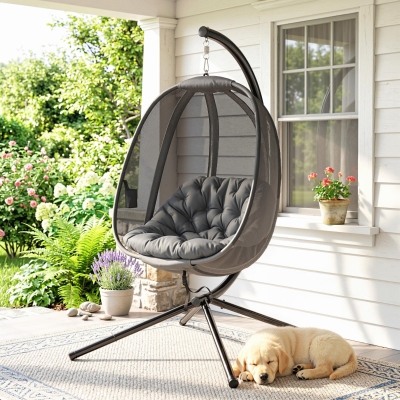 Outsunny Hanging Egg Chair, Outdoor Indoor Swing Chair with Stand, Folding Basket and Thickened Cushion, Grey