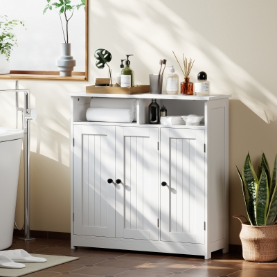 HOMCOM Bathroom Floor Cabinet, Freestanding Bathroom Storage Unit with 3 Doors, 2 Open Shelves and Adjustable Shelf, White