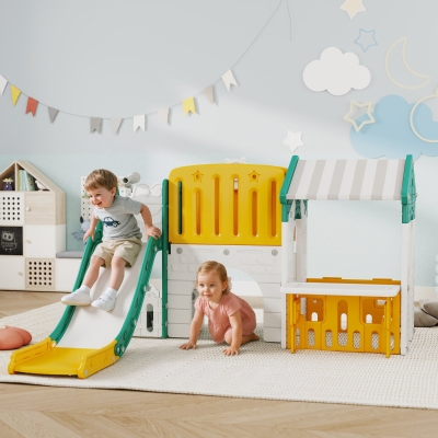 Qaba 7-in-1 Toddler Slide, Kids Slide Climber Playset with Playhouse and Basketball Hoop for 1-4 Years, Yellow