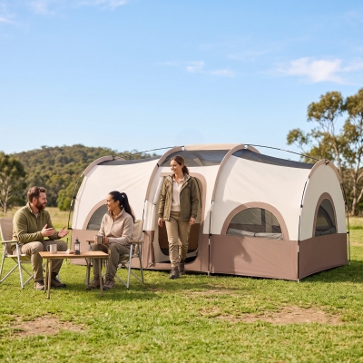 Outsunny 4 Person Camping Tent, 3 Room Cabin Tent, 3000mm Waterproof and UPF30+ with Sewn in Groundsheet and Carry Bag, Khaki