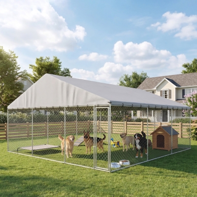 PawHut Heavy Duty Outdoor Dog Kennel with Waterproof Roof, Secure Latch, Chain Link Dog Run for Backyard, 19.7' x 19.7' x 8.9'