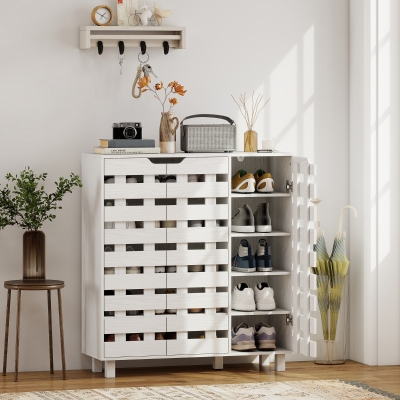 HOMCOM Shoe Cabinet, 17-20 Pairs Shoe Storage Cabinet with Hollowed-Out Doors, White