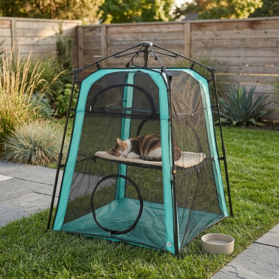 PawHut Cat Tent, 3-Tier Portable Pet Tent for Indoor Outdoor, Cat House with Multi-Door, Carry Bag, Breathable Mesh
