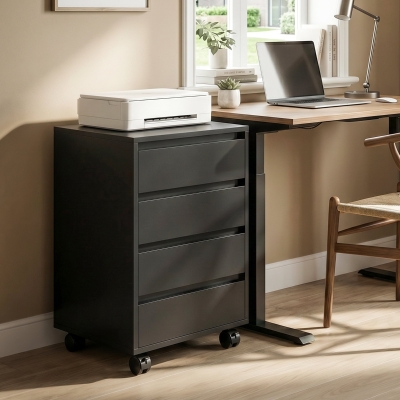 HOMCOM 4 Drawer File Cabinet, Vertical Filing Cabinet with Wheels, Modern Printer Stand for Home Office, Black