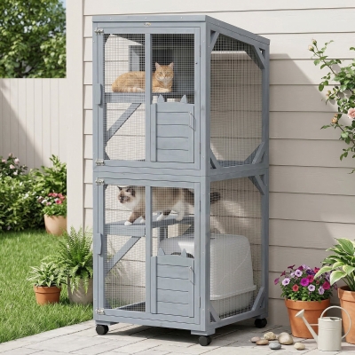PawHut Movable Catio Outdoor Cat Enclosure with Resting Box, 3 Jumping Platforms, Waterproof Asphalt Roof for Outdoor Indoor