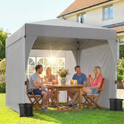 Outsunny 9.6 x 9.6 ft Pop Up Canopy Tent with 3 Sidewalls, UPF 50+ 1-Button Push Easy Setup Outdoor Instant Canopy, Light Grey
