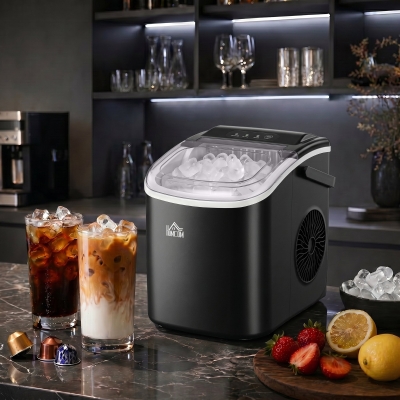 HOMCOM Portable Ice Maker Countertop with Handle, Self Cleaning Ice Maker Machine with Scoop and Basket, 26lbs/24Hrs, Black