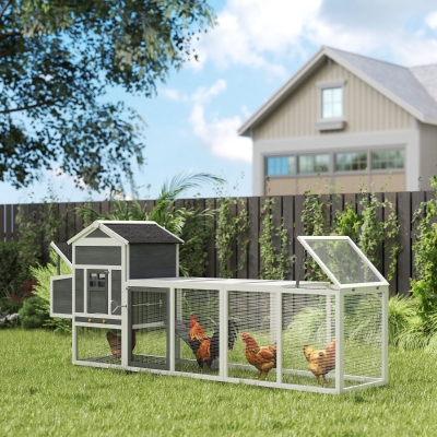 PawHut 117" Extra Large Chicken Coop with Asphalt Roof, Wooden Hen House with Slide-out Tray, Quail Hutch with Nesting Box, Grey