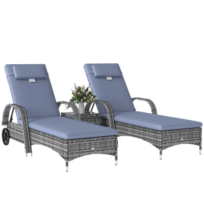 Outsunny 3 Pieces Wicker Patio Lounger Set with Table, PE Rattan Outdoor Lounge Chair Set with Cushions, Wheels, 5-Level Reclining Backrest, Headrest, Grey