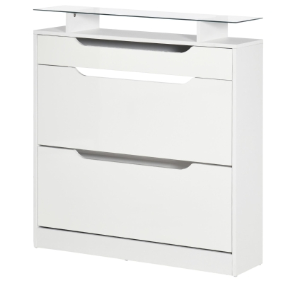 HOMCOM High Gloss Shoe Cabinet with 2 Flip Drawers and Adjustable Shelves, Narrow Shoe Storage Cabinet with Glass Top, White