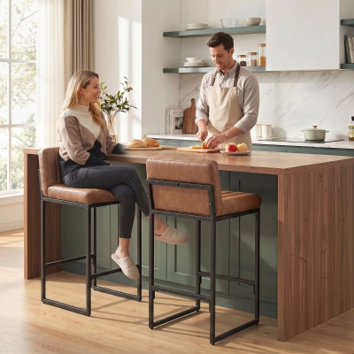 HOMCOM Bar Stools Set of 2, Retro Padded Counter Height Stools with Back and Metal Leg, Vintage PU Leather, Brown