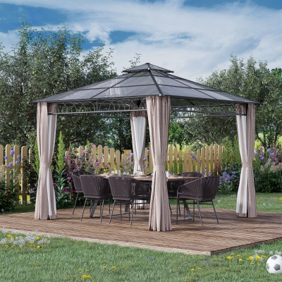 Outsunny 10' x 10' Outdoor Hardtop Gazebo Canopy w/ Double PC Roof, Steel Frame, Nettings, Curtains for Garden Lawn Deck, Khaki