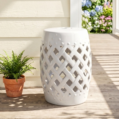 Outsunny 12.4" x 17.9" Ceramic Garden Stool with Woven Lattice Design, Indoor & Outdoor Decorative Accent Stool, White