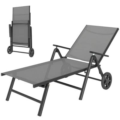 Outsunny Outdoor Lounge Chair, 5-Level Adjustable Folding Chaise Chair with 2 Wheels for Backyard, Beach, Poolside, Grey