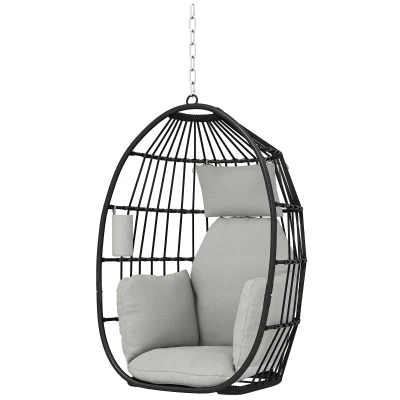 Outsunny Hanging Egg Chair Without Stand, Foldable Basket Swing Chair with Head Pillow, Soft Cushion and Cup Holder, Dark Grey