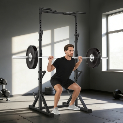 Soozier Adjustable Squat Rack, Multi-Function Bench Press Rack with Weight Plate Holders and Pull up Bar, Black