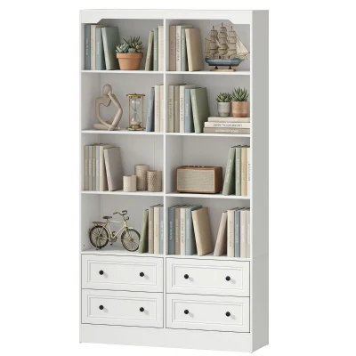HOMCOM Bookshelf with 8 Cubbies and 4 Drawers, 5-Tier Double Wide Bookcase with Storage, Standing Book Cabinet, White