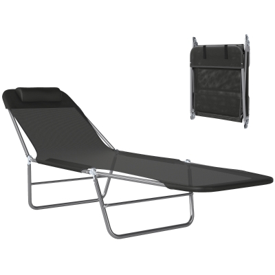 Outsunny Outdoor Lounge Chair, Portable Adjustable Reclining Seat Folding Chaise Lounge Patio Camping Beach Tanning Chair Bed with Pillow, Black