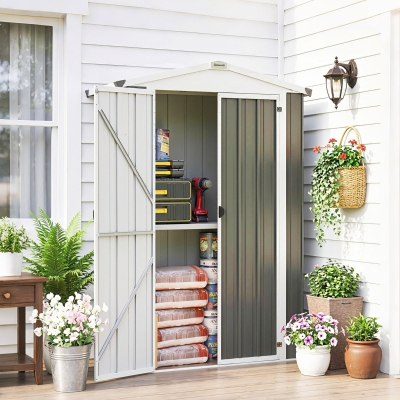 Outsunny Outdoor Storage Shed Apex Roof Metal Garden Shed with Shelf for Backyard, Light Grey