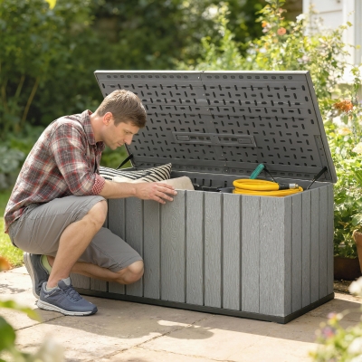 Outsunny Outdoor Storage Box Large Capacity Deck Box with Lockable Lid Gas Struts for Patio Garden 125.5 gal Grey
