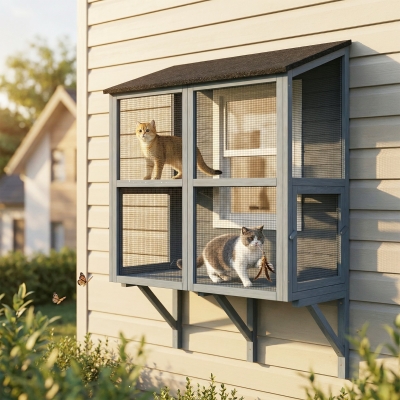 PawHut Catio Outdoor Cat Enclosure Wall-Mounted 2-Level Outdoor Cat House with Waterproof Roof 39.4" Grey