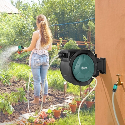 Outsunny 1/2 in x 65ft Wall Mounted Garden Hose Reel, Retractable Water Hose Reel with Auto Rewind, Any Length Lock, Blue