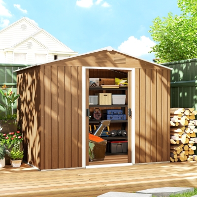 Outsunny 8' x 6' Outdoor Storage Shed, Metal Garden Tool Storage House with Lockable Sliding Doors and Vents for Backyard Patio Lawn, Dark Brown