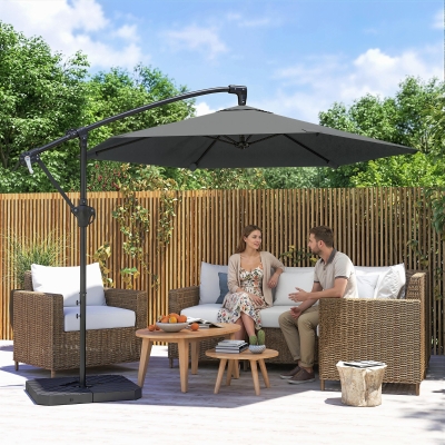 Outsunny 9.7 ft Offset Patio Umbrella with Water/Sand Fillable Weights, Garden Hanging Parasol with Locking Latch, Dark Grey