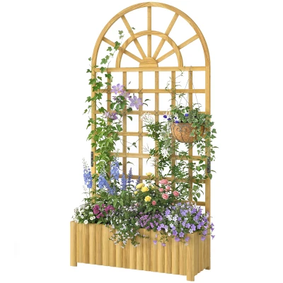 Outsunny Wooden Raised Garden Bed with Lattice Trellis, Outdoor Elevated Planter Box with Drainage Holes for Climbing Plants