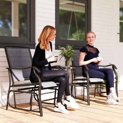 Outsunny Double Patio Glider Chair with Glass Top Center Table, Outdoor Glider Loveseat with High Back,  All Weather Breathable Mesh Fabric for Garden, Backyard, Deck, Grey