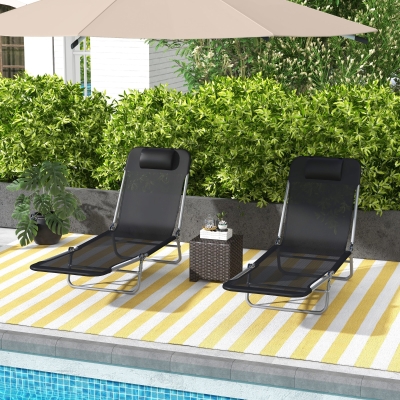 Outsunny Folding Outdoor Lounge Chair Set of 2, Reclining Tanning Chair with 5-Position Adjustable Backrest, Black