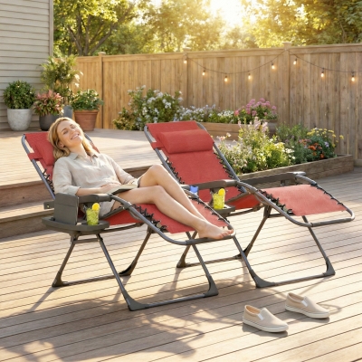Outsunny Zero Gravity Chair Set of 2, Folding Reclining Outdoor Lounge Chair with Cup Holder, Headrest, Wine Red
