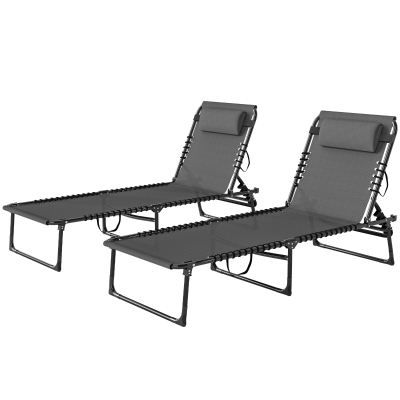 Outsunny 2 Folding Chaise Lounge Chairs, 4-Position Recline, Gray