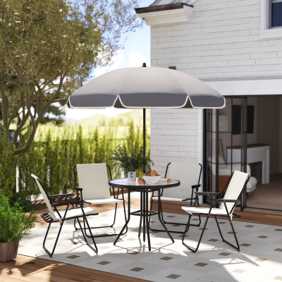 Outsunny 6 Pieces Patio Dining Set with Umbrella, Patio Furniture Set with Folding Chairs, Glass Table for Garden Backyard, Cream White
