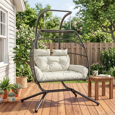 Outsunny Double Wicker Egg Swing Chair with Stand, Foldable Hanging Egg Chair with UV Resistant Cushion, Headrest, Cream White
