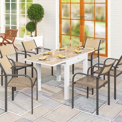 Outsunny Extendable Patio Dining Table, Aluminum Frame Outdoor Patio Table with Faux Wood Top for Garden Backyard, Natural Wood