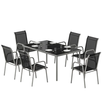 Outsunny 7 Piece Garden Dining Set, Garden Furniture Set with Rectangle Table and 6 Stackable Chairs