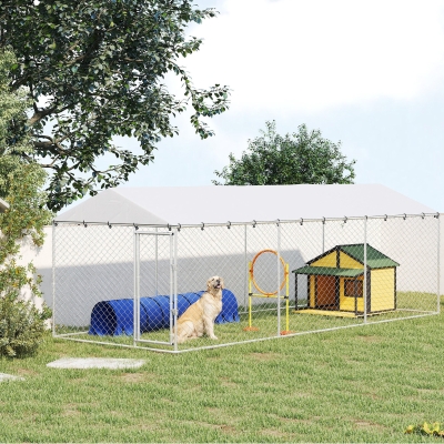 PawHut 19.7' x 7.5' x 6.6' Dog Kennel Outdoor for Small Medium Large Dogs with Waterproof Cover, Silver