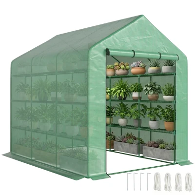 Outsunny 8' x 6' x 7' Portable Walk-In Greenhouse Hot House with 18 Shelves,  Water/UV Resistant Weather Cover, & Roll Up Door
