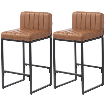 HOMCOM Bar Stools Set of 2, Retro Padded Counter Height Stools with Back and Metal Leg, Vintage PU Leather, Brown