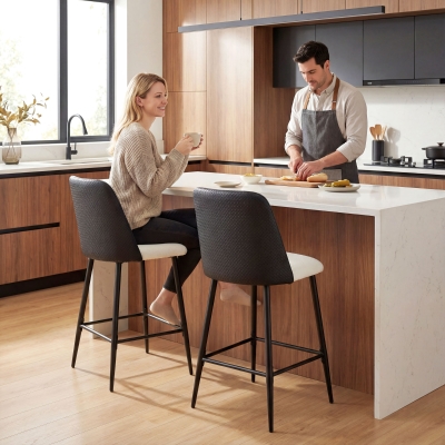 HOMCOM Bar Stools Set of 2, 26" Counter Height Bar Stools with PU Backrest, Linen-look Fabric Seat, Black