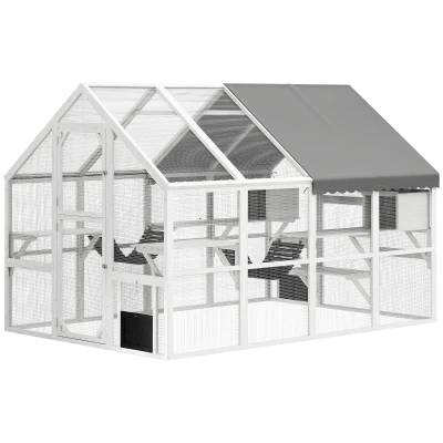 PawHut Outdoor Cat Enclosure Wooden Feral Cat House w/ Weatherproof Canopy, Bridges, Resting Boxes, Platforms, for 3-6 Cats