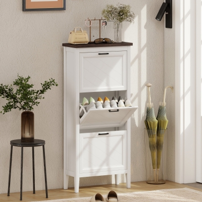 HOMCOM Shoe Cabinet with 3 Flip Drawers, Farmhouse Narrow Shoe Storage Cabinet with Adjustable Shelves, White