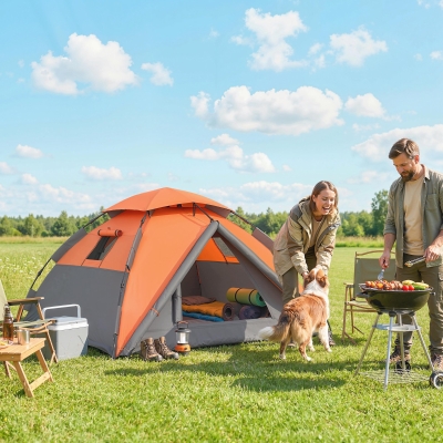 Outsunny Pop up Camping Tent, 3-4 Man Family Tent, 3000mm Waterproof, with Carry Bag and Top Hook, Dark Grey and Orange